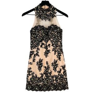 Blush Prom by Alexia (6) Sequins Halter Sheer Mini Bodycon Dress Nude Black